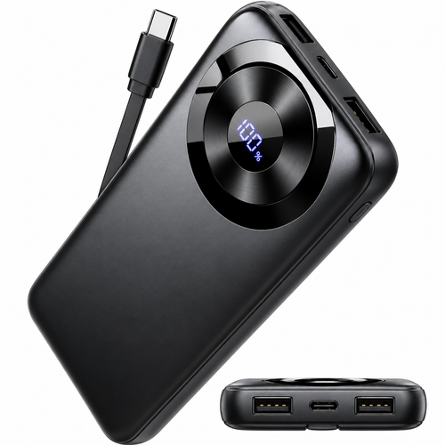 Batería externa negra de 10.000 mAh con pantalla LED