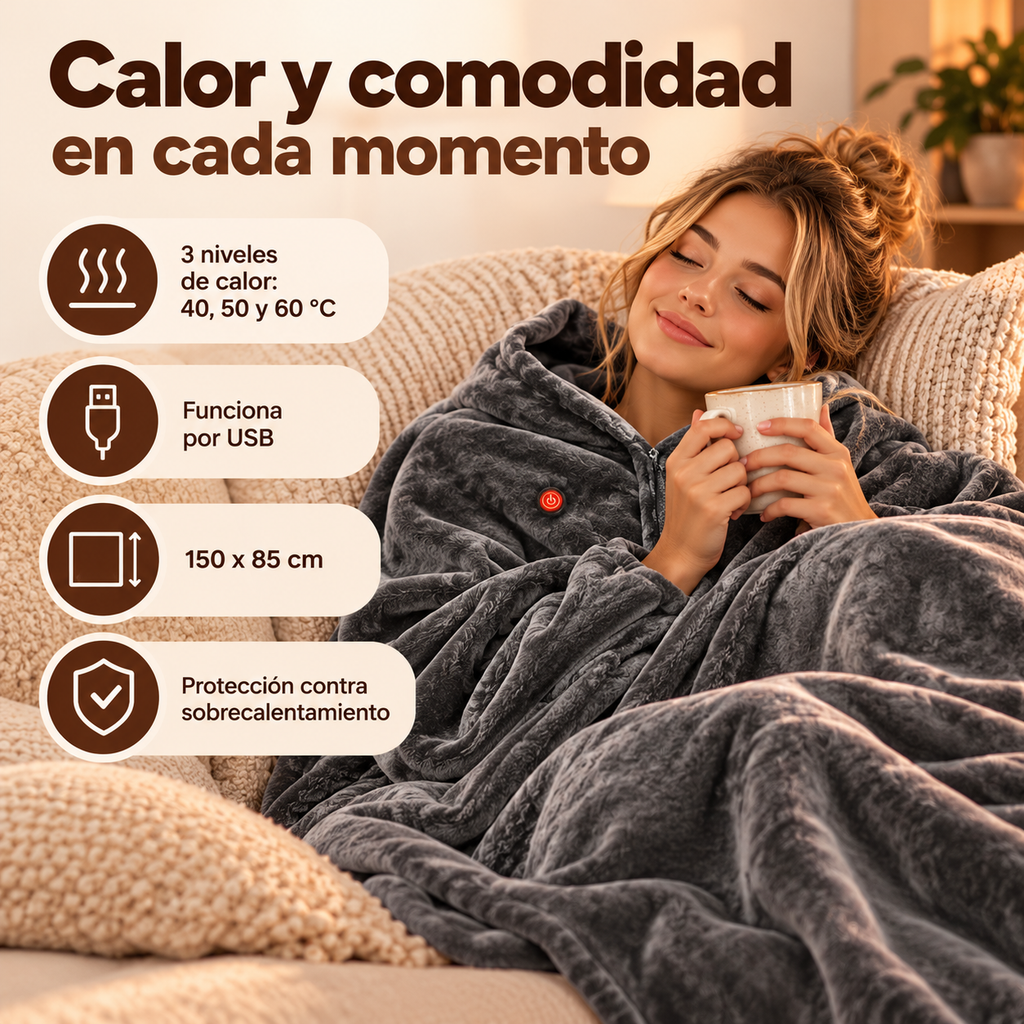 Mujer en el sofá con la manta eléctrica USB: 3 niveles de calor, USB, 150 x 85 cm