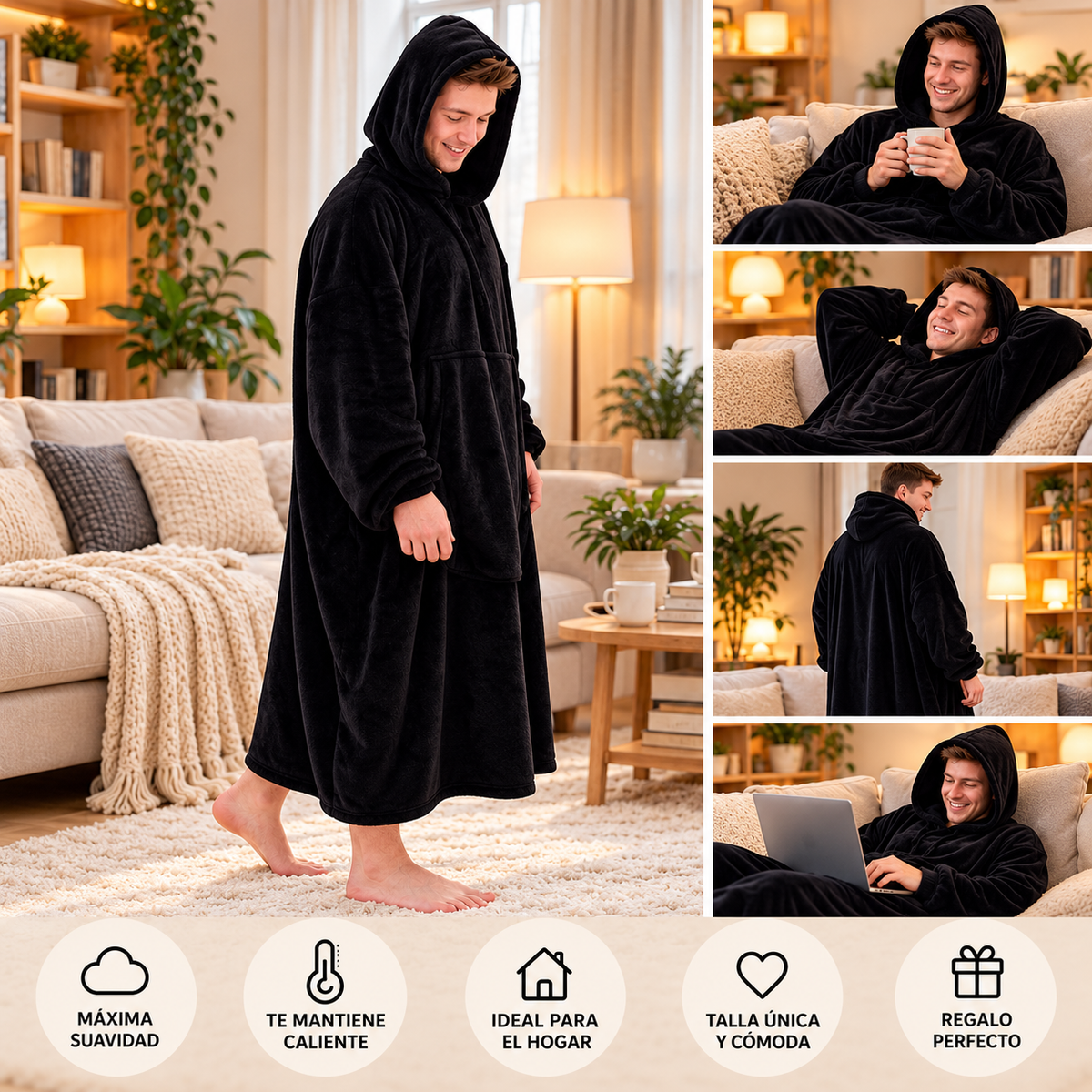 Sudadera manta negra de franela, talla única