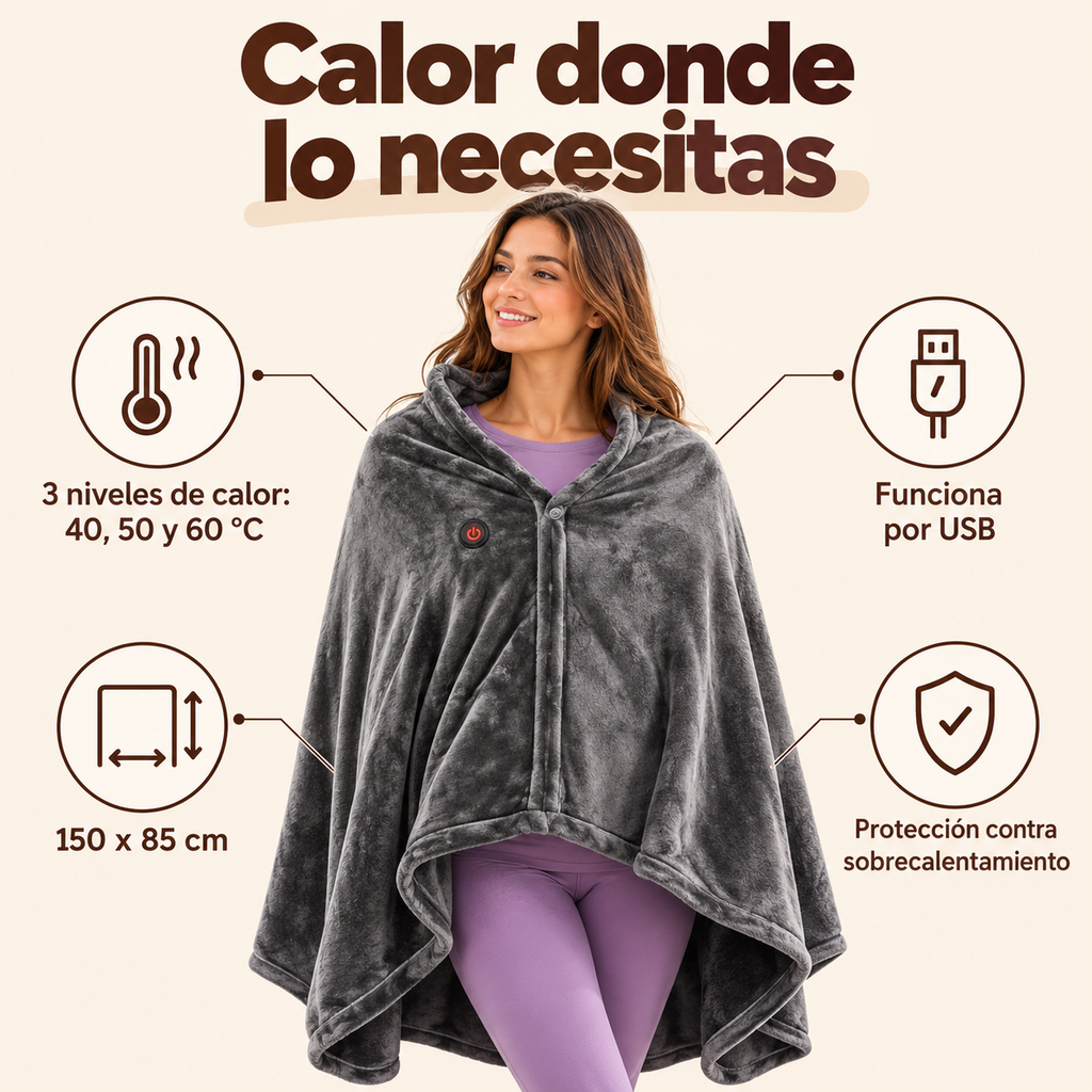 Manta eléctrica puesta como poncho: calor donde lo necesitas