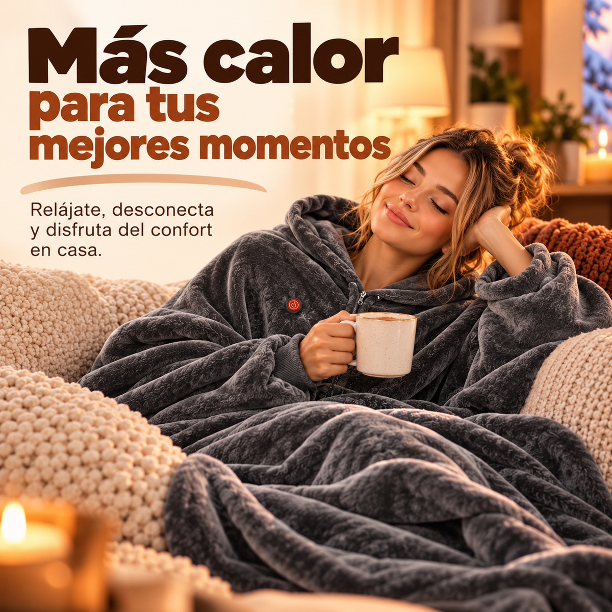 Mujer relajada en el sofá con la manta eléctrica gris
