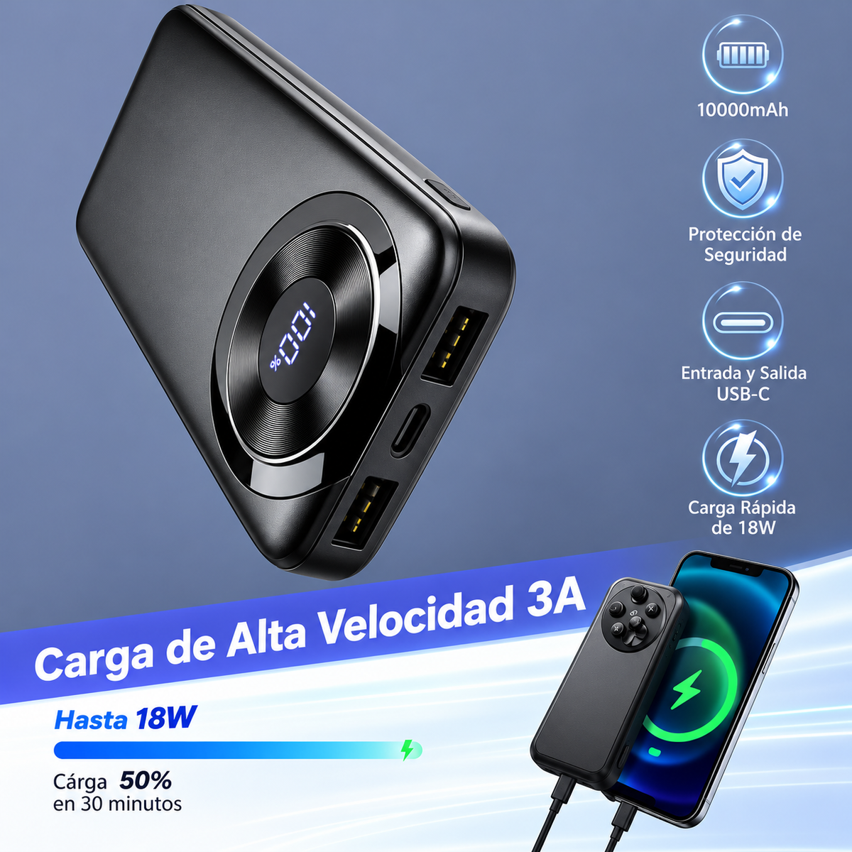 Power bank de 10.000 mAh de carga rápida