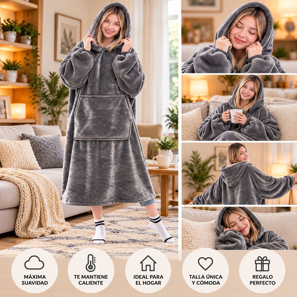 Sudadera manta gris de franela, talla única