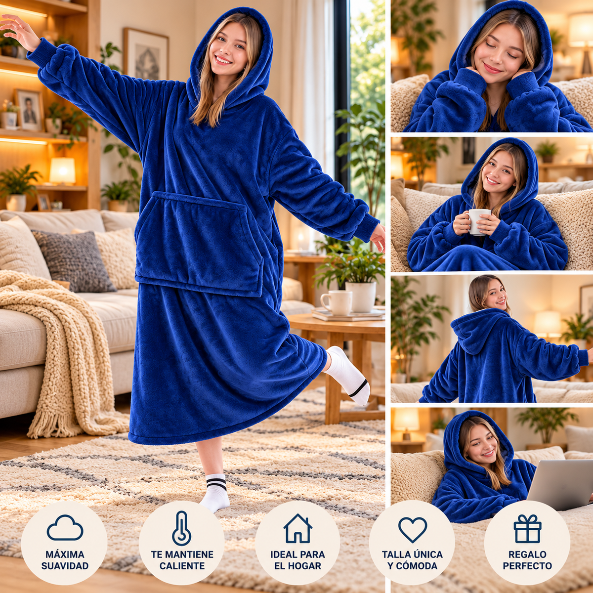 Sudadera manta azul marino de franela, talla única