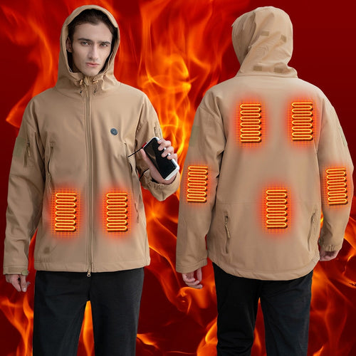 Chaqueta calefactable beige con capucha y zonas de calor delante y detrás